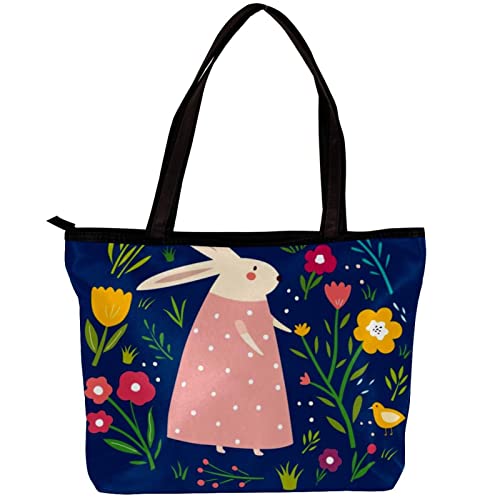 TBOUOBT Tragetasche für Damen Strandtasche Handtaschen für Damen Geldbörsen Laptoptasche Umhängetasche mit Reißverschluss,Ostern Kaninchen wilde Blume von TBOUOBT