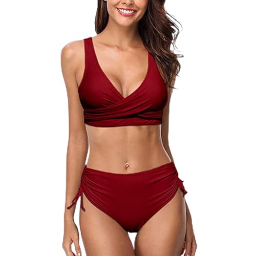 Bikini Damen Set Badeanzug Bademode Hohe Taille Farbblock Zweiteiliger Kordelzug Badeanzüge Bikinis für Frauen Badebekleidung Bandeau Damen Bikini Set V Ausschnitt Lace Up Bikini Bademode Crossback von TBSCWYF