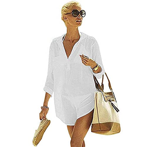 Damen Badeanzug Cover-Ups Sommer Strandkleid Weißer Chiffon Bikini Strandurlaub Strand Cover Up Kleid Shirt Damen Strandkleid Bikini Cover Up Strandponcho Sommer Bademode von TBSCWYF