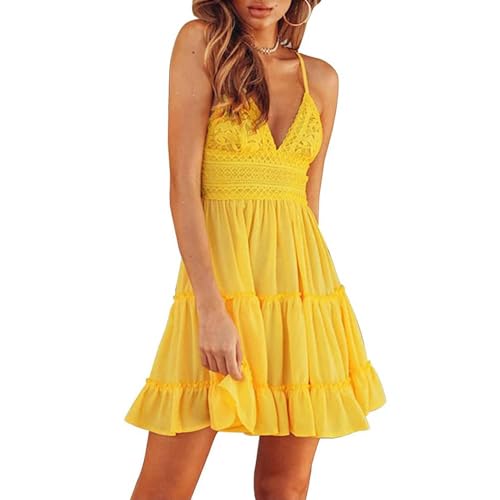Damen Sommerkleid V Ausschnitt Floral Spitze Quasten Spaghetti Trägerkleid Freizeitkleider Hi-Low Party Boho Beach Dress Strandkleider Damen Sommer Badeanzug Bikini Cover Up Crochet Strandkleid von TBSCWYF