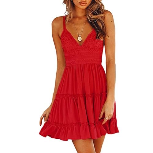 Damen Sommerkleid V Ausschnitt Floral Spitze Quasten Spaghetti Trägerkleid Freizeitkleider Hi-Low Party Boho Beach Dress Strandkleider Damen Sommer Badeanzug Bikini Cover Up Crochet Strandkleid von TBSCWYF