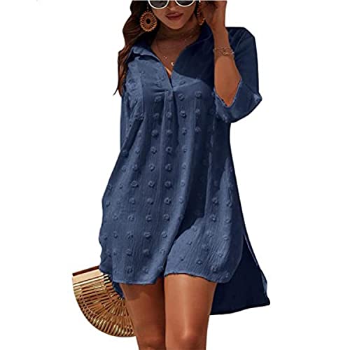 Damen Strandkleid Bikini Cover Up Strandponcho Sommer Bademode Strand Vertuschen Shirt Damen-Badeanzug-Coverup Button-Down-Hemdkleider Swiss Dot Tops Häkelspitze Strandtunika Strandurlaub Badeanzug von TBSCWYF