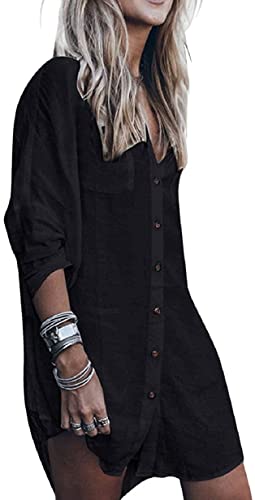 Damen Strandkleid Bikini Cover Up Strandponcho Sommer Bademode Strand Vertuschen Shirt Damen Gestickte Halb Langarm Bikini Cover up Mini Strandkleid von TBSCWYF