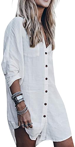 Damen Strandkleid Bikini Cover Up Strandponcho Sommer Bademode Strand Vertuschen Shirt Damen Gestickte Halb Langarm Bikini Cover up Mini Strandkleid von TBSCWYF