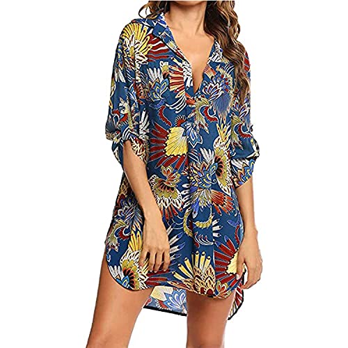 Damen Strandkleid Bikini Vertuschen Bedrucktes Hemd Bluse Strand Poncho Sommer Bademode Pareos Strandkleider Strand Vertuschen Shirt Beachwear Bikini Cover-Ups 3/4 Ärmel von TBSCWYF