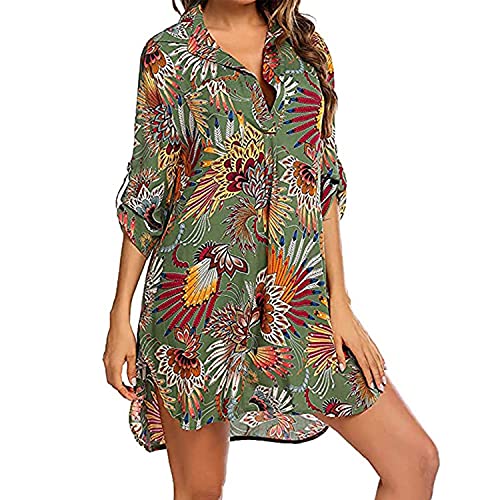 Damen Strandkleid Bikini Vertuschen Bedrucktes Hemd Bluse Strand Poncho Sommer Bademode Pareos Strandkleider Strand Vertuschen Shirt Beachwear Bikini Cover-Ups 3/4 Ärmel von TBSCWYF