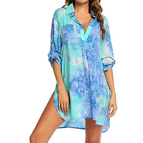 Damen Strandkleid Bikini Vertuschen Bedrucktes Hemd Bluse Strand Poncho Sommer Bademode Pareos Strandkleider Strand Vertuschen Shirt Beachwear Bikini Cover-Ups 3/4 Ärmel von TBSCWYF