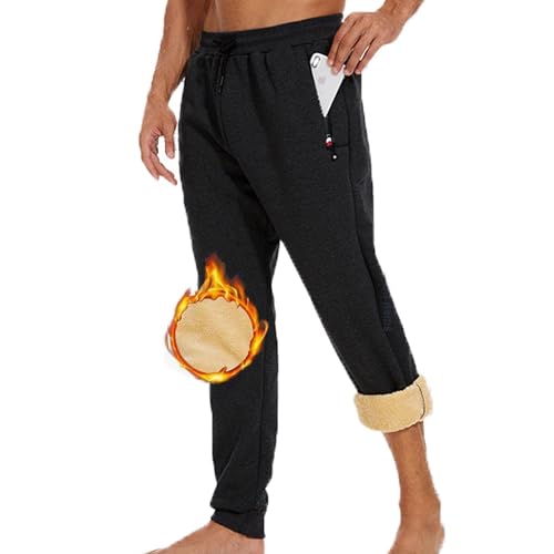 Jogginghose Herren Winter Fleece Sweathose High Waist Trainingshose Sherpa Gefüttert Warme Männer Sporthose Baumwolle Slim Fit Freizeithose mit Reißverschluss Taschen Relaxing Gefütterte Fleecehose von TBSCWYF