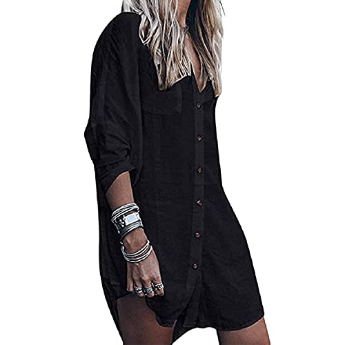 Strandkleid Damen Strandponcho V-Ausschnitt Sommerkleider Lang Strand Vertuschen Shirt Bikini Cover Up mit Tasten Longshirt Strandhemd Bademode Sommer Bluse Hemd Chiffon Bikini Cover Up (Schwarz) von TBSCWYF