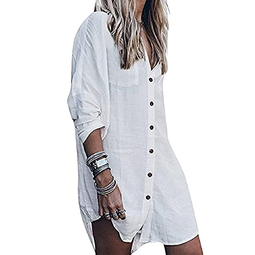 Strandkleid Damen Strandponcho V-Ausschnitt Sommerkleider Lang Strand Vertuschen Shirt Bikini Cover Up mit Tasten Longshirt Strandhemd Bademode Sommer Bluse Hemd Chiffon Bikini Cover Up (Weiß) von TBSCWYF