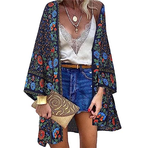 Strandtunika Damen Strandkleid Lang Sommer Pareo Strandtunika Blumendruck Strickjacke Boho Bikini Cover Up Lange Ärmel Strandponcho Beach Cardigan Bademode Damen Blumendruck Kimono Strickjacke von TBSCWYF