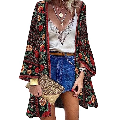 Strandtunika Damen Strandkleid Lang Sommer Pareo Strandtunika Blumendruck Strickjacke Boho Bikini Cover Up Lange Ärmel Strandponcho Beach Cardigan Bademode Damen Blumendruck Kimono Strickjacke von TBSCWYF