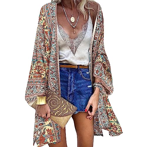 Strandtunika Damen Strandkleid Lang Sommer Pareo Strandtunika Blumendruck Strickjacke Boho Bikini Cover Up Lange Ärmel Strandponcho Beach Cardigan Bademode Damen Blumendruck Kimono Strickjacke von TBSCWYF