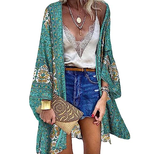 Strandtunika Damen Strandkleid Lang Sommer Pareo Strandtunika Blumendruck Strickjacke Boho Bikini Cover Up Lange Ärmel Strandponcho Beach Cardigan Bademode Damen Blumendruck Kimono Strickjacke von TBSCWYF