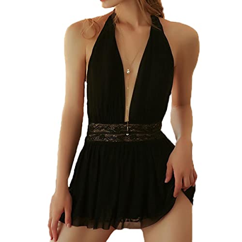 TBSCWYF Damen-Bademantel, Kimono, Spitze, Babydoll, Nachthemd und Tanga, Set und Gürtel, Dessous-Set, Schwarz, One size (Schwarz) von TBSCWYF