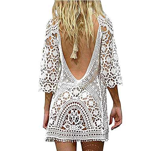 TBSCWYF Damen Boho Rückenfrei Spitze Bikini Cover Up Strandkleid Sommerkleid Damen Gestrickte Strandkleid Sommer Strandponcho Strandurlaub Badeanzug Bikini Cover-Ups Sommerkleid (Weiß) von TBSCWYF