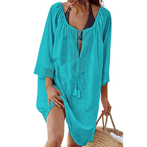 TBSCWYF Damen Sommer Strandkleid Kurz MiniKleid Strandponcho Casual Lose Pareo Damen Strandponcho Sommer Strandkleid Sommerkleid Bikini Badeanzug Cover Up Strandkleid Damen 3/4 Ärmel (Himmelblau) von TBSCWYF