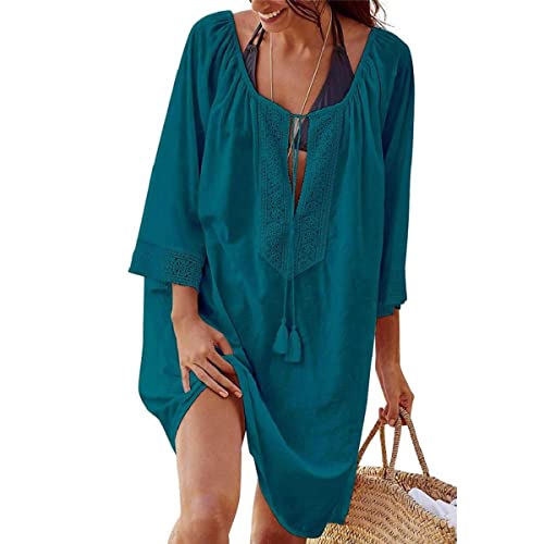 TBSCWYF Damen Sommer Strandkleid Kurz MiniKleid Strandponcho Casual Lose Pareo Damen Strandponcho Sommer Strandkleid Sommerkleid Bikini Badeanzug Cover Up Strandkleid Damen 3/4 Ärmel (dunkelgrün) von TBSCWYF