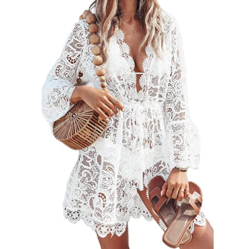 TBSCWYF Damen Spitze Strandkleid Sommer Strandponcho Strandurlaub Kimono Cardigan Badeanzug Transparent Bikini Cover-Ups Damen Spitze Strandkleid V-Ausschnitt Badeanzug Bedecken Pareos von TBSCWYF