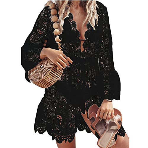 TBSCWYF Damen Spitze Strandkleid Sommer Strandponcho Strandurlaub Kimono Cardigan Badeanzug Transparent Bikini Cover-Ups Damen Spitze Strandkleid V-Ausschnitt Badeanzug Bedecken Pareos von TBSCWYF