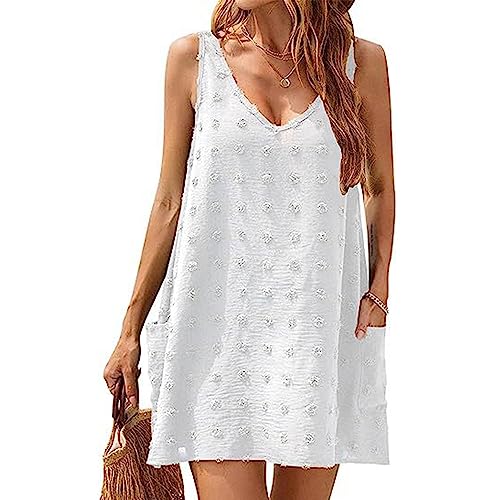 TBSCWYF Damen Strandkleid Cover Up Badeanzug Cover Ups Sommer Lässig Kleid Tankkleider Damen Strandkleid Spitze Strandtunika V Ausschnitt Kurz Sommer Strandponcho Bikini Cover Up von TBSCWYF