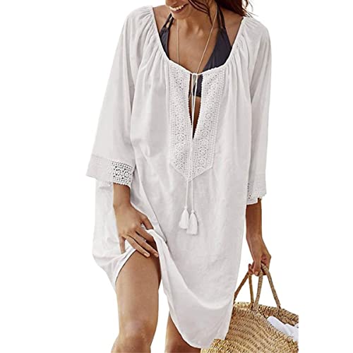 TBSCWYF Damen Strandkleid Spitze Strandtunika V Ausschnitt Kurz Sommer Strandponcho Bikini Cover Up Strandkleid Damen Bikini Cover Up Strandponcho Sommer Strand Tunika Strandurlaub von TBSCWYF