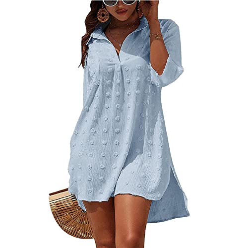 TBSCWYF Lockeres Bikinihemd für Damen lässig langärmelig V-Ausschnitt Blusen für Damen Badebekleidung Badeanzug Bikinikleid Hemden Damen Strandkleid Bikini Cover Up Sommer Strandbluse Strandhemd von TBSCWYF