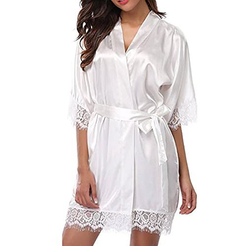 TBSCWYF Morgenmantel Damen Bademantel Kurz Kimono Robe Seide Weiche Negligee 3/4 Ärmel Nachtwäsche Loungewear Damen Morgenmantel Bademantel Satin Nachtwäsche Mit Blumenspitze von TBSCWYF