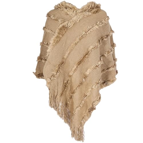 TBSCWYF Poncho Damen Leichtes Cape mit Kuscheligem V-Ausschnitt Gestrickter Schal Herbst Winter Damen Gemütlicher Warmer Poncho Pullover mit Mehrweg-Ausschnitt und Süßen Bommeln von TBSCWYF