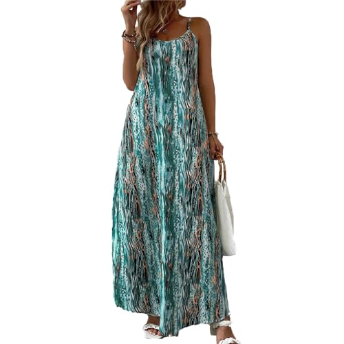 TBSCWYF Sommerkleid Damen Lang Maxikleid Sommer Rundhalsausschnitt Kleid Schlitz Elegant Spaghettiträger Freizeitkleid Sommerkleid Damen Elegant Boho Blumenkleid Musselin Strandkleider Sommer Kleider von TBSCWYF
