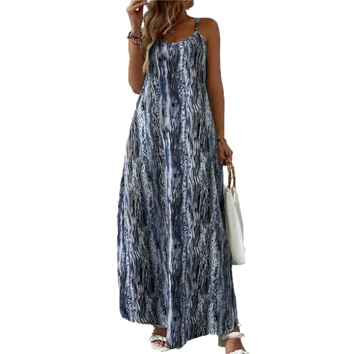 TBSCWYF Sommerkleid Damen Lang Maxikleid Sommer Rundhalsausschnitt Kleid Schlitz Elegant Spaghettiträger Freizeitkleid Sommerkleid Damen Elegant Boho Blumenkleid Musselin Strandkleider Sommer Kleider von TBSCWYF