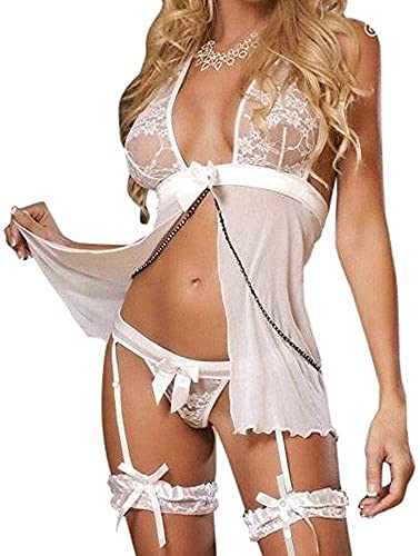 TBSCWYF Spitze Negligee V-Ausschnitt Babydoll Lingerie Öffnen Zurück Nachtwäsche Kleid Dessous Unterwäsche für Damen mit Panties Unterwäsche für Damen Dessous Sleepwear Kleid mit Panties (Weiß) von TBSCWYF