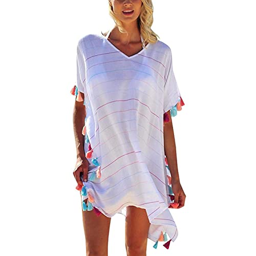 TBSCWYF Strandkleid Damen Sommer Strandbluse Strandhemd V-Ausschnitt Strandtunika Lose Button-Down Strandponcho Longbluse Bikini Cover Up Damen Chiffon Strandkleid Sommer Strandponcho mit Quasten von TBSCWYF