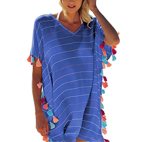 TBSCWYF Strandkleid Damen Sommer Strandbluse Strandhemd V-Ausschnitt Strandtunika Lose Button-Down Strandponcho Longbluse Bikini Cover Up Damen Chiffon Strandkleid Sommer Strandponcho mit Quasten von TBSCWYF