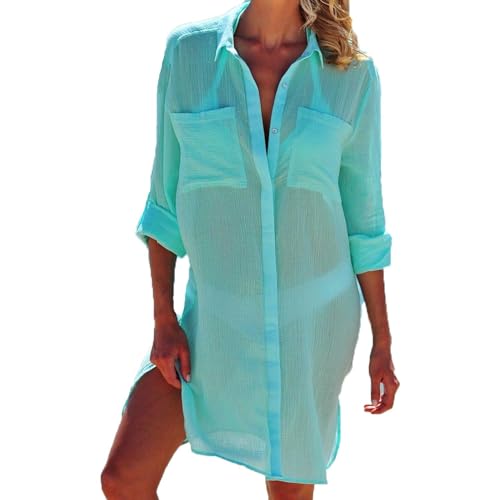 TBSCWYF Strandkleid Damen Sommer Strandbluse Strandhemd V-Ausschnitt Strandtunika Lose Button-Down Strandponcho Longbluse Bikini Cover Up Strandkleid Damen Bikini Cover Up Strandponcho Sommer Strand von TBSCWYF