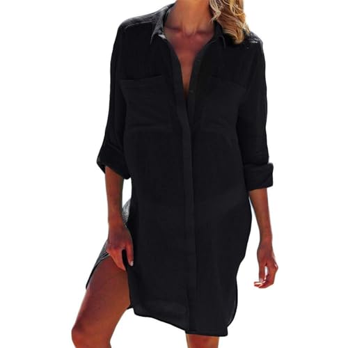 TBSCWYF Strandkleid Damen Sommer Strandbluse Strandhemd V-Ausschnitt Strandtunika Lose Button-Down Strandponcho Longbluse Bikini Cover Up Strandkleid Damen Bikini Cover Up Strandponcho Sommer Strand von TBSCWYF