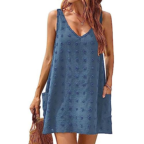 TBSCWYF Strandkleid für Damen ärmellos lose Badebekleidung Strand Badeanzug Bikinikleid Strandkleid Baumwolle Pareos Blau tibetisch von TBSCWYF
