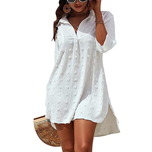 Damen Strandkleid Bikini Cover Up Strandponcho Sommer Bademode Strand Vertuschen Shirt Damen-Badeanzug-Coverup Button-Down-Hemdkleider Swiss Dot Tops Häkelspitze Strandtunika Strandurlaub Badeanzug von TBSCWYF