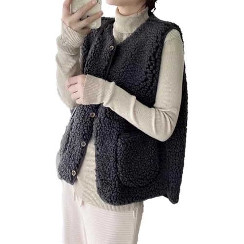 TBSCWYF Teddy Fleece Weste Damen Herbst Winter Warm Ärmellose Westen Kurze Winterjacke mit Knöpfen Bequem Einfarbig Übergangsjack Leicht Plüsch Ärmellos Jacke Outdoor Fleeceweste Plüschweste Outwear von TBSCWYF