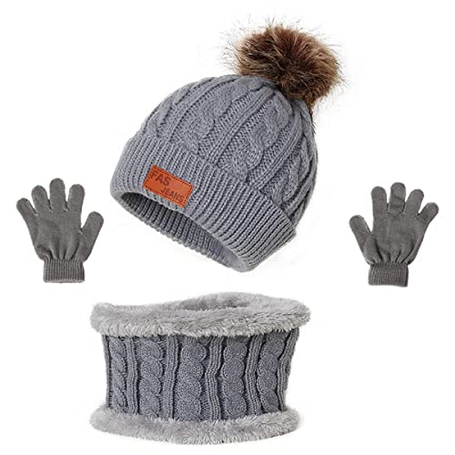 TBSCWYF Wintermütze Schal Handschuhe Mädchen Set Strickmütze Babymütze Kinder Mütze Set Baby Mütze Jungen Warme Winter Beanie Hut Handschuhe runder Schal Set für Kinder von TBSCWYF