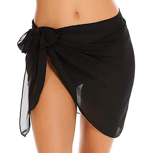 Wickeltuch Strand Damen Strandkleid Bikini Rock Sarong Chiffon Badeanzug Wrap Strandtuch Weiß SchwarzKurz Bikini Cover up mit extra Gürtel für Urlaub Damen Sarong von TBSCWYF