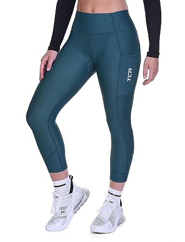 Damen 3/4 Gepolsterte Radleggings mit hoher Taille, atmungsaktive Fahrradshorts mit Taschen, rutschfest und schnelltrocknend - Blau, S von TCA