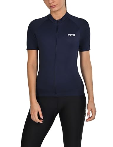 TCA leichtes Radtrikot für Damen - kurzärmliges Fahrradtrikot Damen - Athletic Fit Rennrad Trikot - Fahrrad Shirt mit 3 Rückentaschen - Radtrikot Kurzarm - Radbekleidung - Dunkelblau, XL von TCA