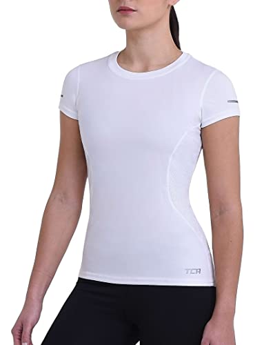 TCA Damen Atomic Kurzarm T-Shirt Quickdry, Sporttop, Laufshirt, Lauftop - Weiss (UPF 50+), L von TCA