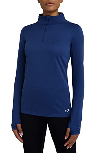 TCA Damen Sport Shirt Langarm Laufshirt 1/2 Reißverschluss Fitness Yoga Langarmshirts - Dunkelblau, XL von TCA