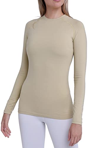 TCA Damen Thermo-Laufshirt, Funktionsshirt Langarm, Kompressions Laufoberteil - Beige, M von TCA