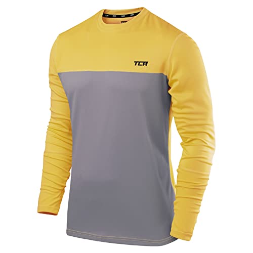 TCA Element Sport Langarmshirt Herren - Funktionsshirt mit Rundhalsausschnitt - Laufshirt Running Shirt atmungsaktiv - Langarm Sportshirt - Sport Oberteil - Grau/Gelb, M von TCA