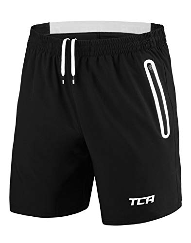 TCA Herren Elite Tech Leichte Laufhose Gymshorts Trainingsshorts und Laufshorts mit Reißverschlusstaschen - Sporthose Herren Kurz - Schwarz/Weiss, XS von TCA