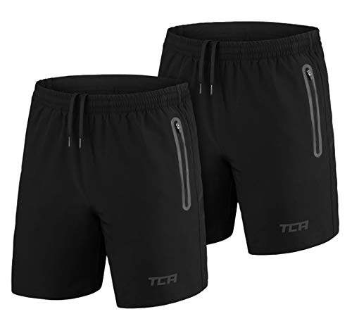 TCA Herren Elite Tech Leichte Laufhose Gymshorts Trainingsshorts und Laufshorts mit Reißverschlusstaschen - Sporthose Herren Kurz - Schwarz + Schwarz, S von TCA