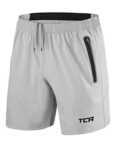 TCA Herren Elite Tech Leichte Laufhose Gymshorts Trainingsshorts und Laufshorts mit Reißverschlusstaschen - Sporthose Herren Kurz - Hellgrau/Schwarz, XS von TCA